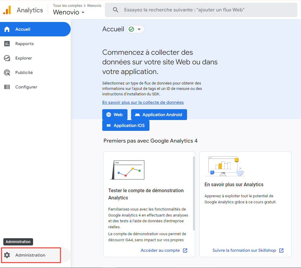 Accéder à l'administration du compte Google Analytics