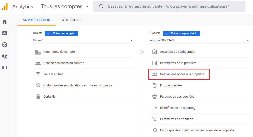 Accéder à la gestion des accès de la propriété Google Analytics