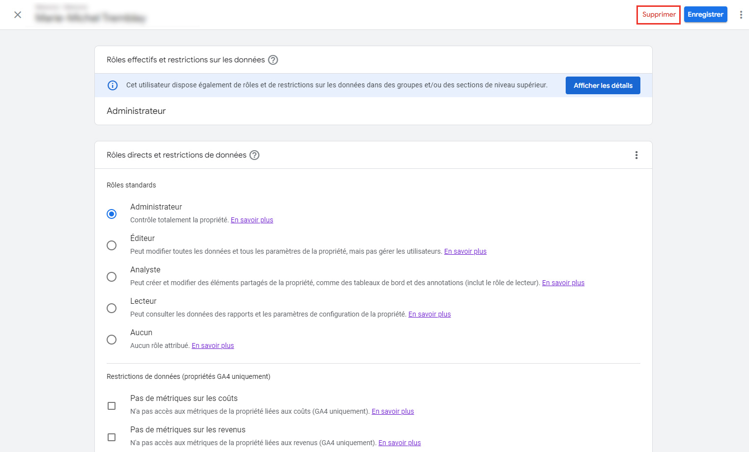 Supprimer l'utilisateur Google Analytics