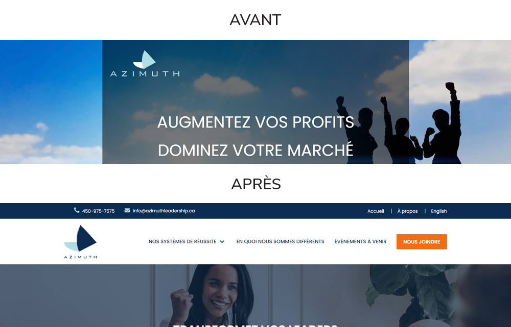 Avant et après de la refonte du site Web d'Azimuth Leadership