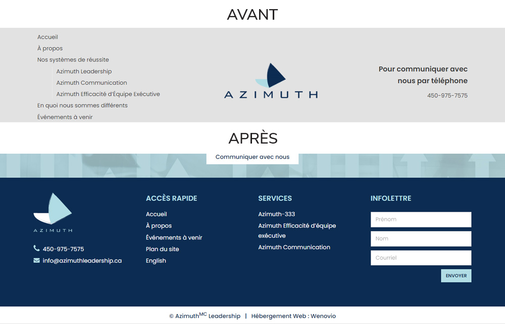 Avant et après de la refonte du site Web d'Azimuth Leadership