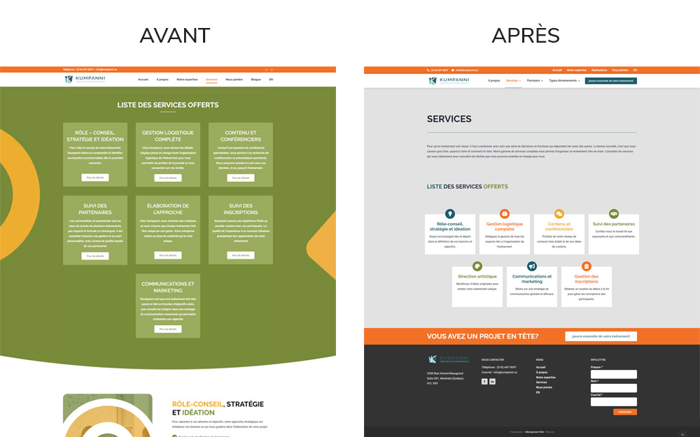 Image avant et après de l'amélioration du site Web de Kumpanni - Créateur d'événements