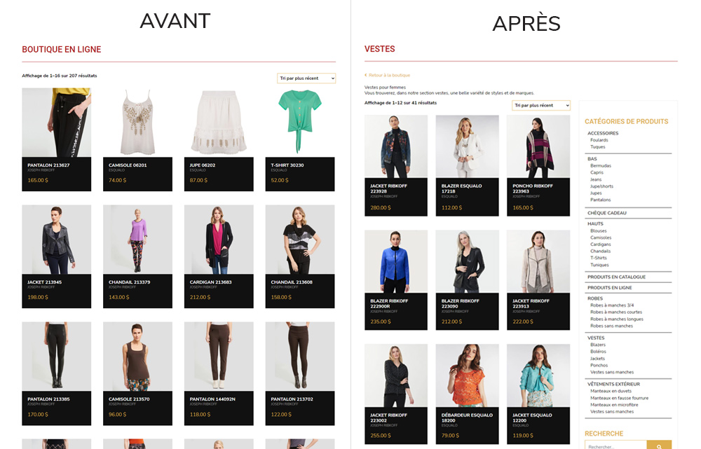 Avant et après de la refonte partielle du site de la boutique Le Verchères