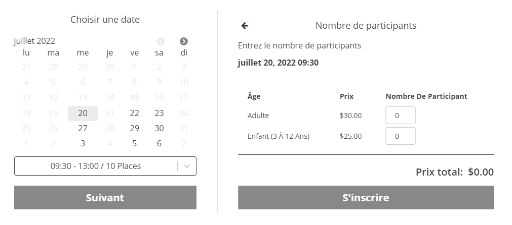 Le calendrier de réservation de BookThatApp Appointments avec une variante sur le prix