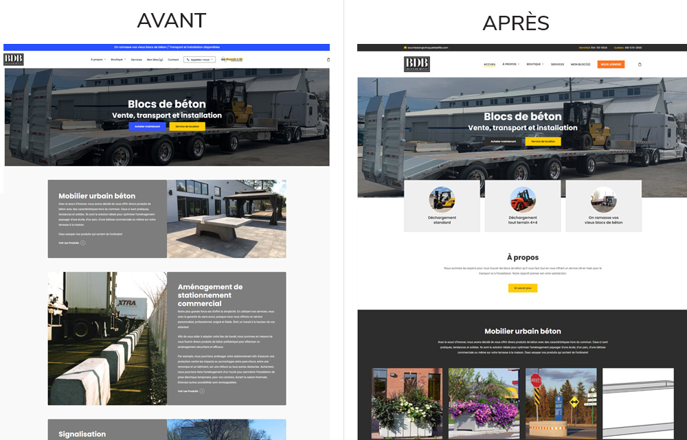 Page d'accueil avant et après la refonte graphisme du site Blocs de béton