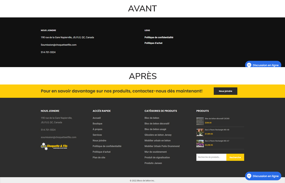 Le footer avant et après la refonte graphisme du site Blocs de béton