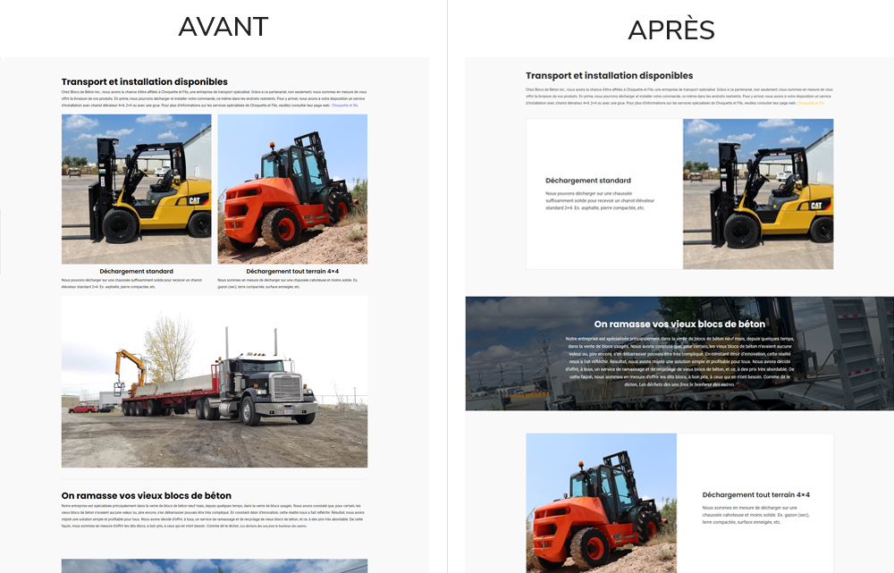 Page Réalisations avant et après la refonte graphisme du site Blocs de béton