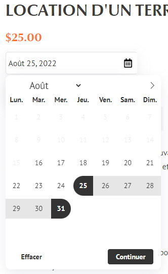 Le calendrier de réservation d'IzyRent offrant une plage de temps sur plusieurs jours consécutifs.