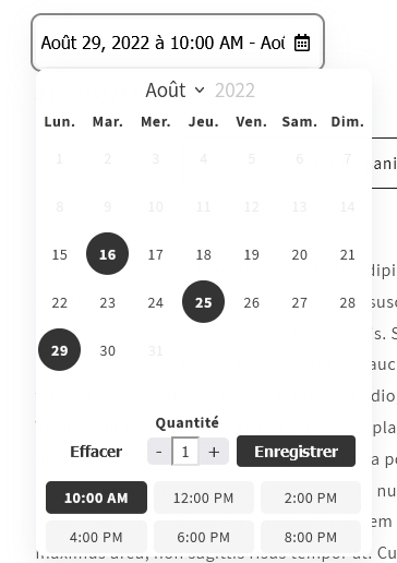 Le calendrier de réservation d'IzyRent offrant une plage de temps sur plusieurs jours non consécutifs.