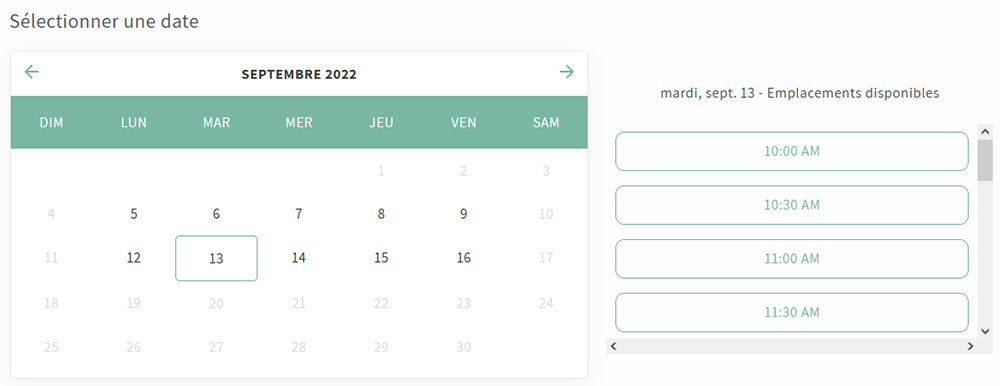 Le calendrier de réservation d'Appointement Booking - Appointo limité par une plage de temps définie.