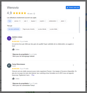 Exemple de témoignages Google Business affichés sur un site Web.